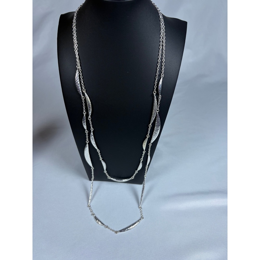 Lia Sophia Silver Tone Double Strand Hammered Leaf Long Layered Necklace 32 Inch